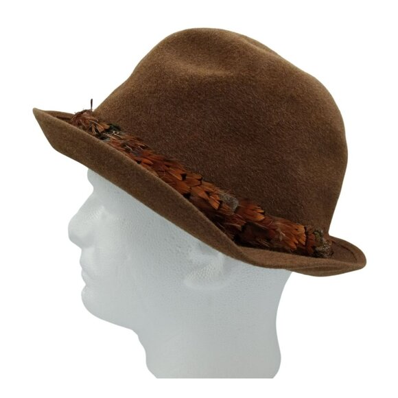Hat Bowler Kevin McAndrew Brown Union Tag Size 7.5 Roderick St. Johns Feathers - Picture 1 of 16